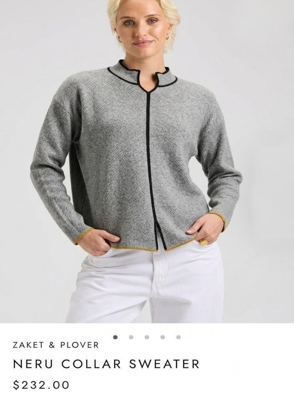 Zaket & Plover XL Grey Cotton Cashmere Neru Collar Sweater Mustard Trim